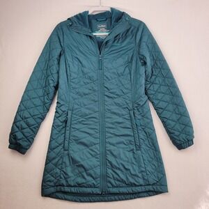 LL Bean Womens Fleece Lined PrimaLoft Jacket Sz XS Hooded Parka Teal Quilted